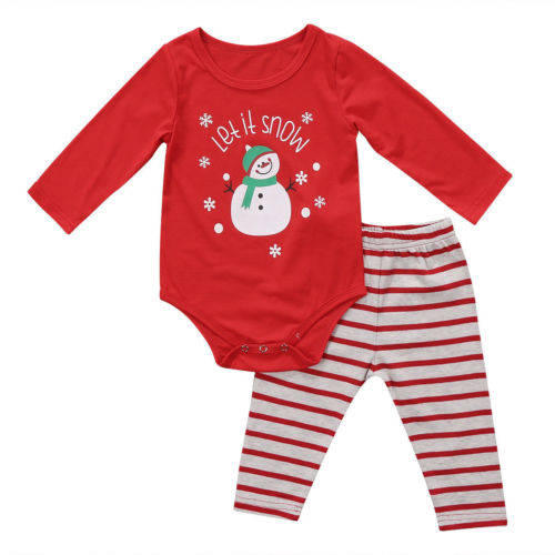 Snowman Baby Boy Girls Long Sleeve Rompers Stripe Pants Xmas 2Pcs Outfits Clothes Red Christmas Kids Cotton Clothing - ebowsos