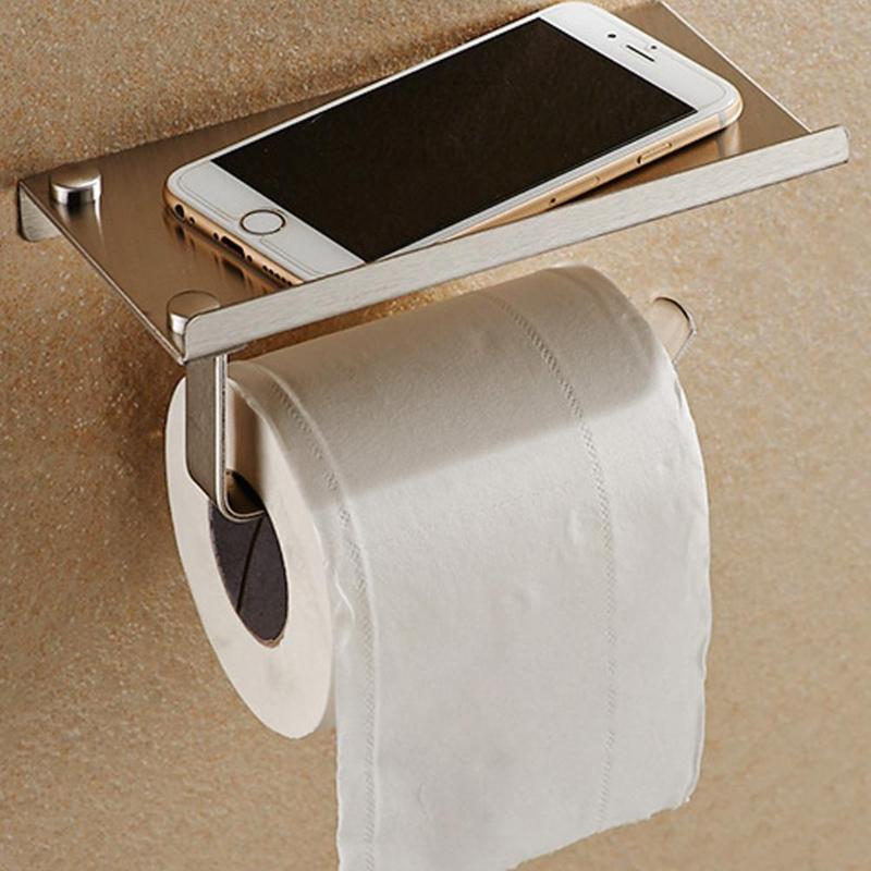 Stainless Steel Bathroom Paper Phone Holder with Shelf Bathroom Mobile Phones Towel Rack Toilet Paper Holder Tissue Boxes - ebowsos