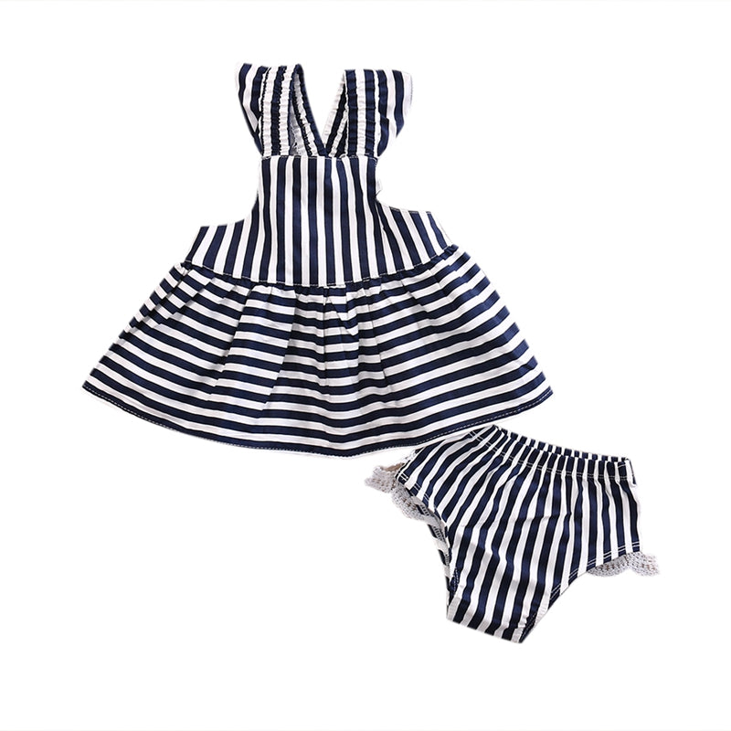 Stripe Cute Dresses For Girls Baby Girls Clothes Sets Summer Sunsuit Infant Outfit Stripe Backless Dress Briefs Set - ebowsos