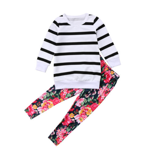 Striped Floral Baby Girls Clothing Sets Summer Outfits Clothes Striped Long Sleeve Cotton T-shirt Tops+ Floral Pants Kids Set - ebowsos
