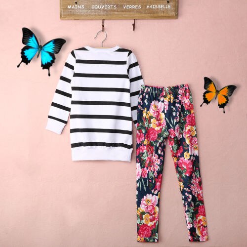 Striped Floral Baby Girls Clothing Sets Summer Outfits Clothes Striped Long Sleeve Cotton T-shirt Tops+ Floral Pants Kids Set - ebowsos