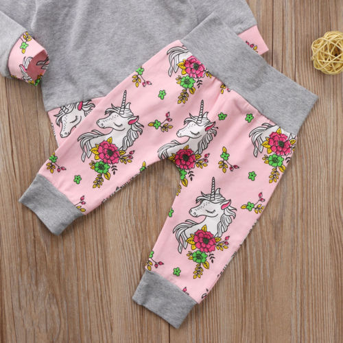 Striped Hooded Baby Girl Unicorn Top T-shirt Long Pants Outfit Floral Clothes 2Pcs/Set Toddler Baby Clothing Sets - ebowsos