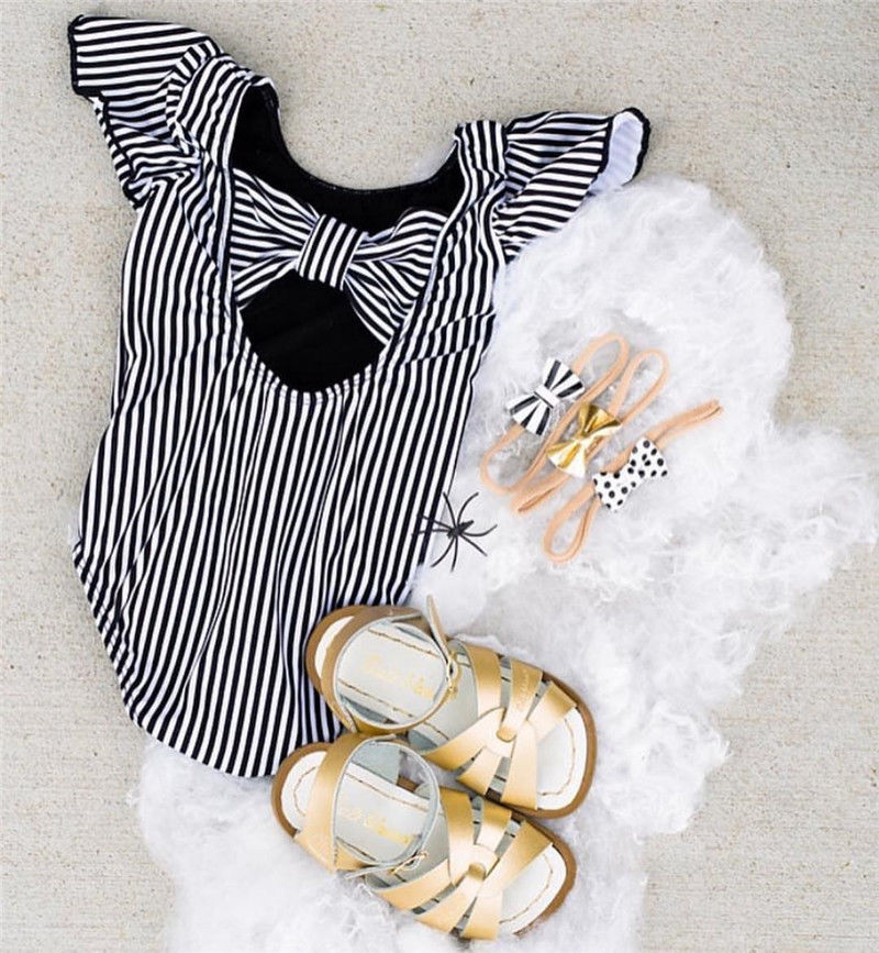 StripedToddler Baby Girls Striped Bow Romper Jumpsuit Outfits Clothes Sunsuit - ebowsos