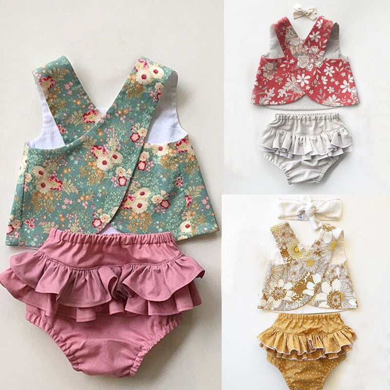 Summer Baby Girl Floral Clothes Sets Cute Infant Baby Girl Outfit Clothes Vest Top T-shirt+Tutu Shorts Pants Set - ebowsos
