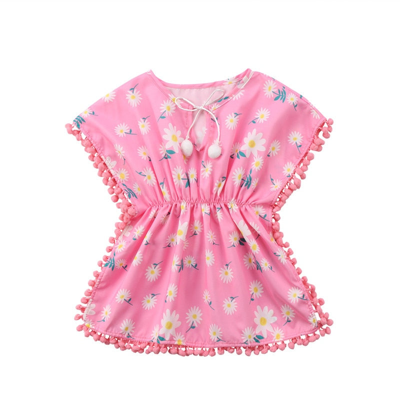 Summer Baby Girls Dress Beach Cover Up Sundress Flower Fringe Dress Romper Yellow Pink Tassels Swim Wear - ebowsos