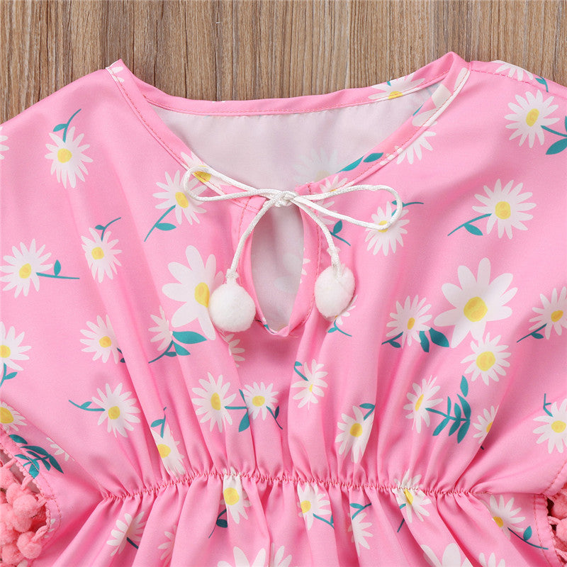 Summer Baby Girls Dress Beach Cover Up Sundress Flower Fringe Dress Romper Yellow Pink Tassels Swim Wear - ebowsos