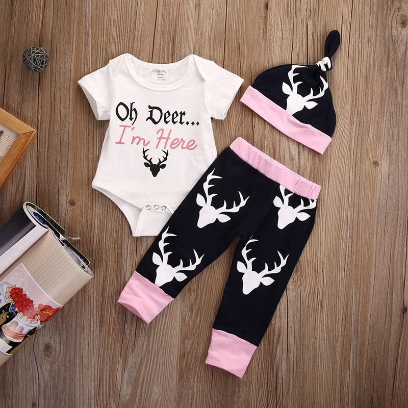 Summer Children Clothing Deer Baby Girls Outfit Home Cotton Top Romper Deer Pants Hat Set Clothes - ebowsos