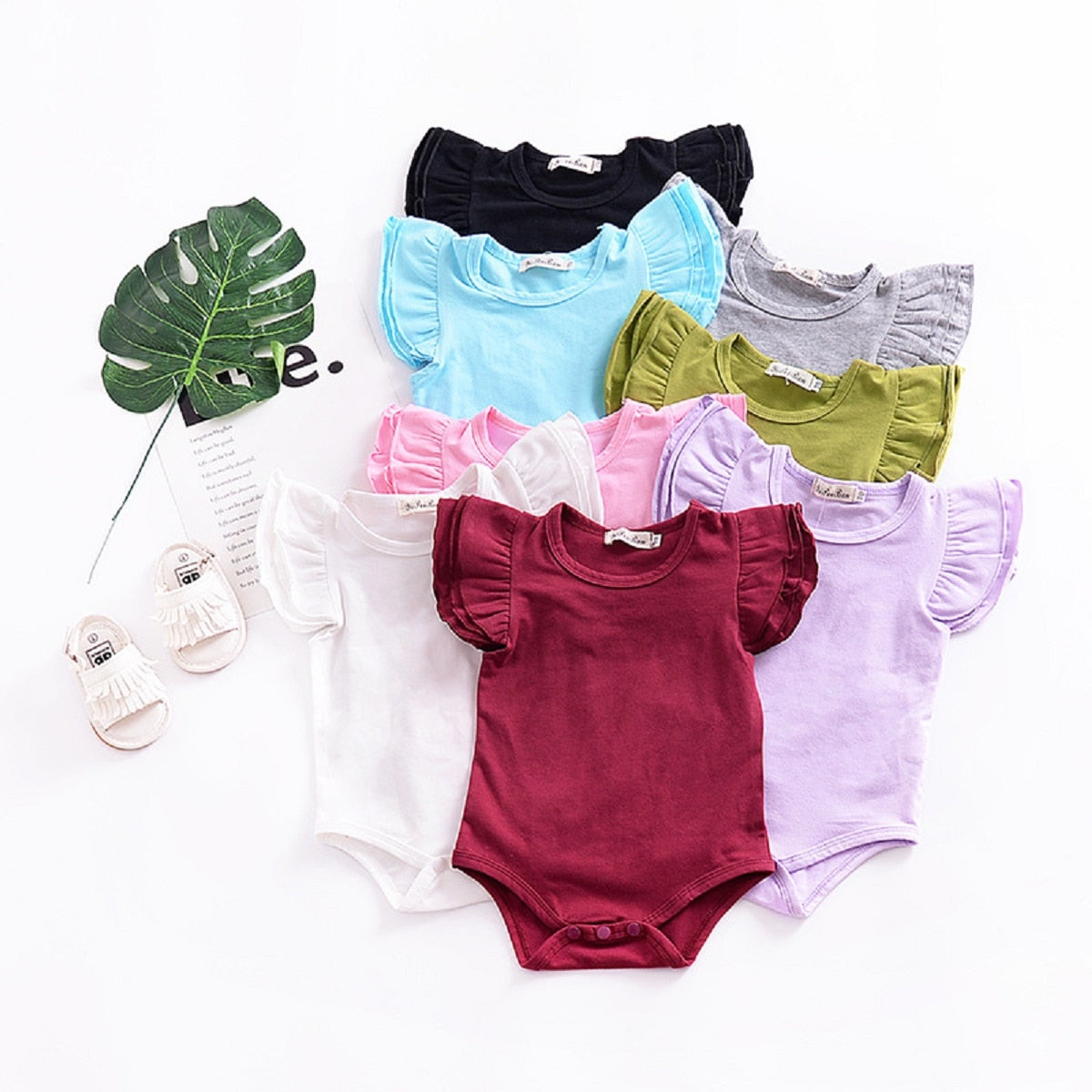 Summer Cotton Baby Clothing Infant Baby Girl Solid Ruffles Romper Short Sleeve Outfits Jumpsuit Clothes - ebowsos