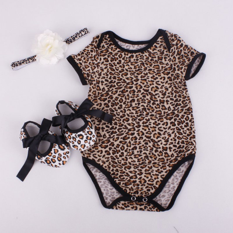 Summer Floral Girls Leopard Pattern Infant Baby Girl Bodysuits  Sunsuit+Shoe+Hairband 3Pcs Outfits Set Clothes - ebowsos