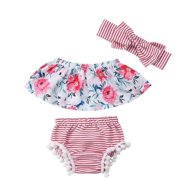 Summer Floral Toddler Baby Girl Clothing Off Shoulder Tops Shorts Headbands Casual 3Pcs Set Clothes Baby Girls 0-24M - ebowsos