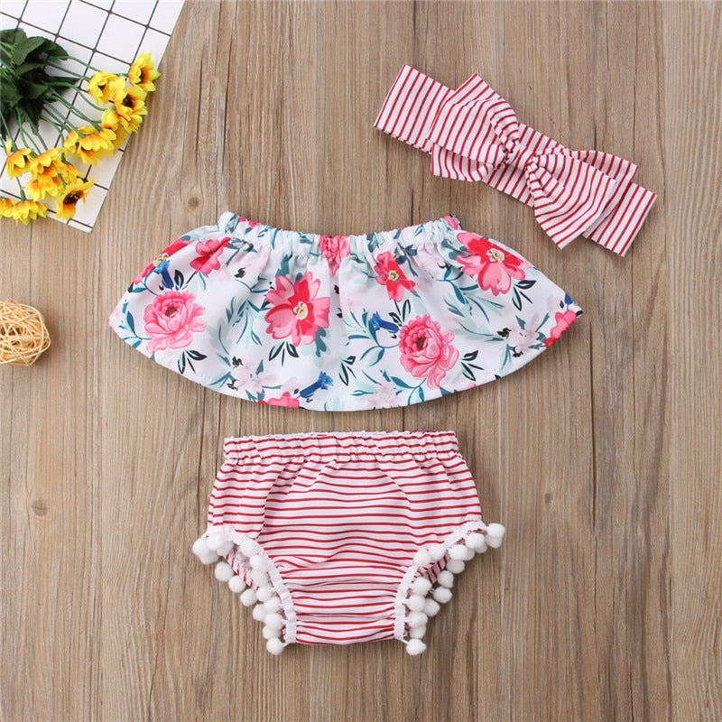 Summer Floral Toddler Baby Girl Clothing Off Shoulder Tops Shorts Headbands Casual 3Pcs Set Clothes Baby Girls 0-24M - ebowsos
