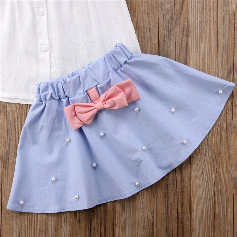 Summer Kid Baby Girl Ruffle Neck Sleeveless Shirt Blouse Tops+Bowknot Tutu Mini Skirt Dress 2Pcs Clothes - ebowsos