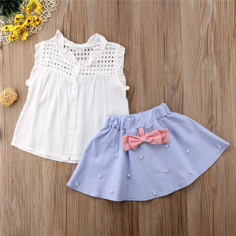 Summer Kid Baby Girl Ruffle Neck Sleeveless Shirt Blouse Tops+Bowknot Tutu Mini Skirt Dress 2Pcs Clothes - ebowsos