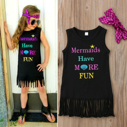 Summer Kids Baby Girl Dress Sleeveless Cartoon Mermaid Tassel A-line Dresses Headband 2PCS Sundress Clothes - ebowsos