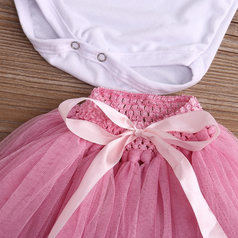 Summer Letter One Toddler Baby Girl Bodysuits Short Sleeve Cotton Top+Headband+Skirt Tutu Skirt Outfit - ebowsos