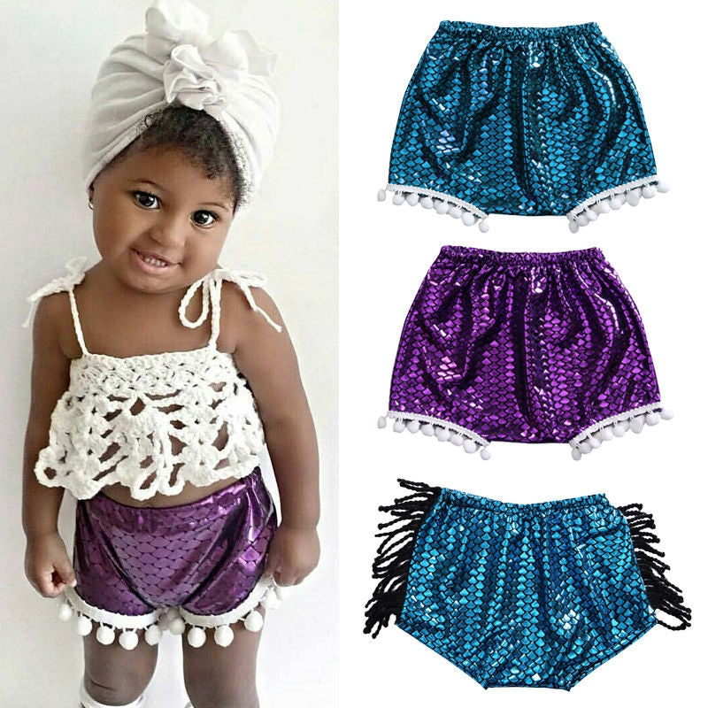 Summer Lovely Kids Baby Girls Pants Bloomers Girls Mermaid Shorts Baby Fringe Pants Pom Pom Shorts - ebowsos