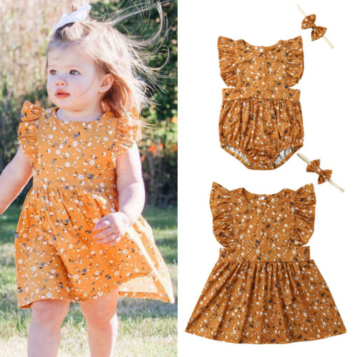Summer Yellow Toddler Kids Baby Little/Big Sister Floral Bodysuit Party Dress Summer Family Matching Clothing - ebowsos