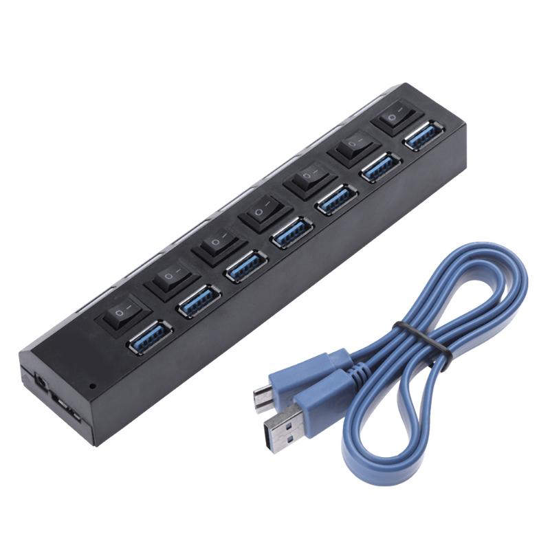 Super Speed USB Hub 3.0 5Gbps 7 Ports Hub Splitter Adapter with ON/OFF Switch Power Adapter USB Hub for Tablet Laptop Notebook - ebowsos