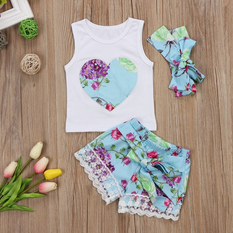 Sweet Heart Children Princess Clothing Set Toddler Baby Girl Clothes Tops Floral Vest+Lace Shorts Pants Outfit Set - ebowsos