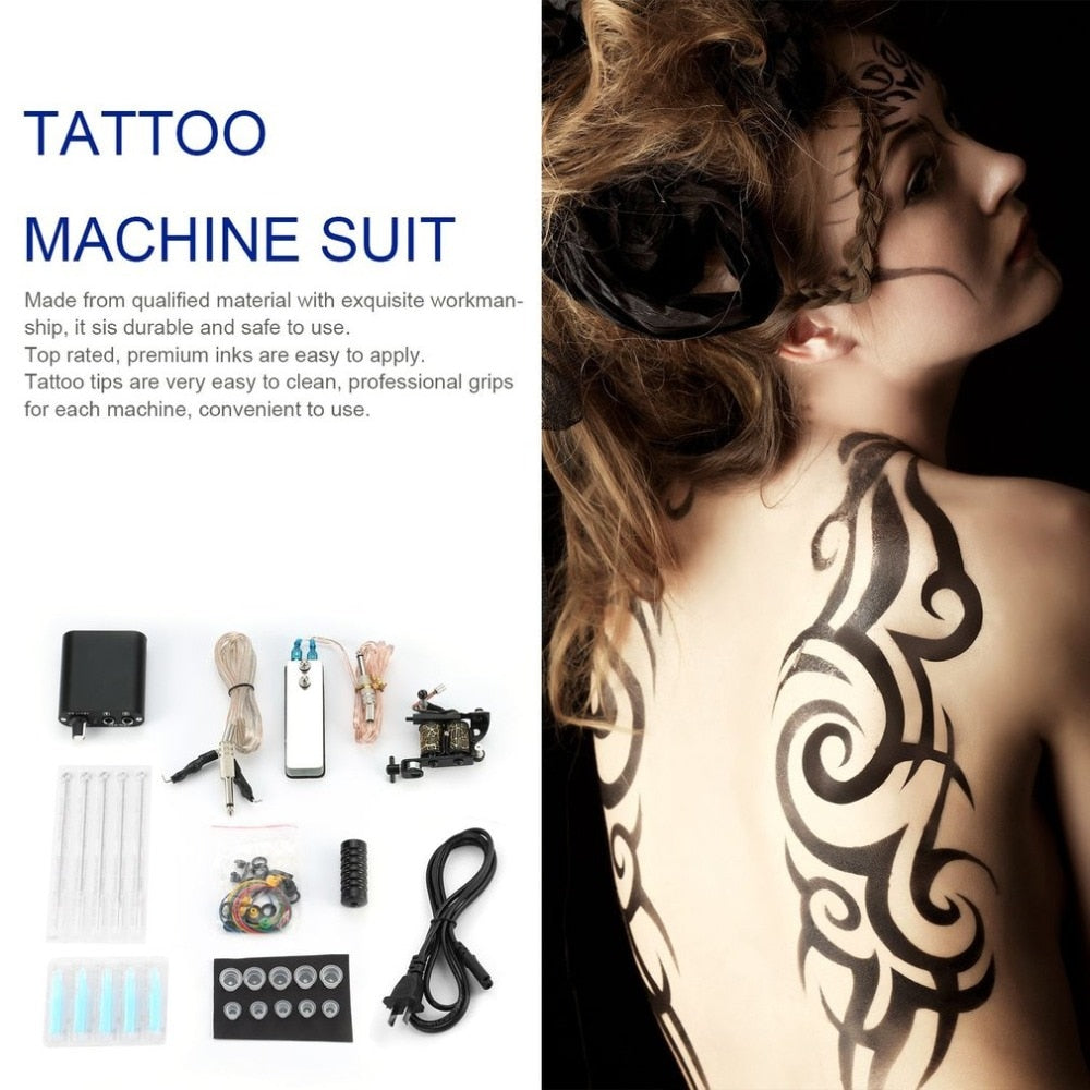 Tattoo Complete Beginner Tattoo Kit Pro Machine Inks Power Supply Needle Grips Tips Tatto BODY beauty Accessories Basic Set - ebowsos