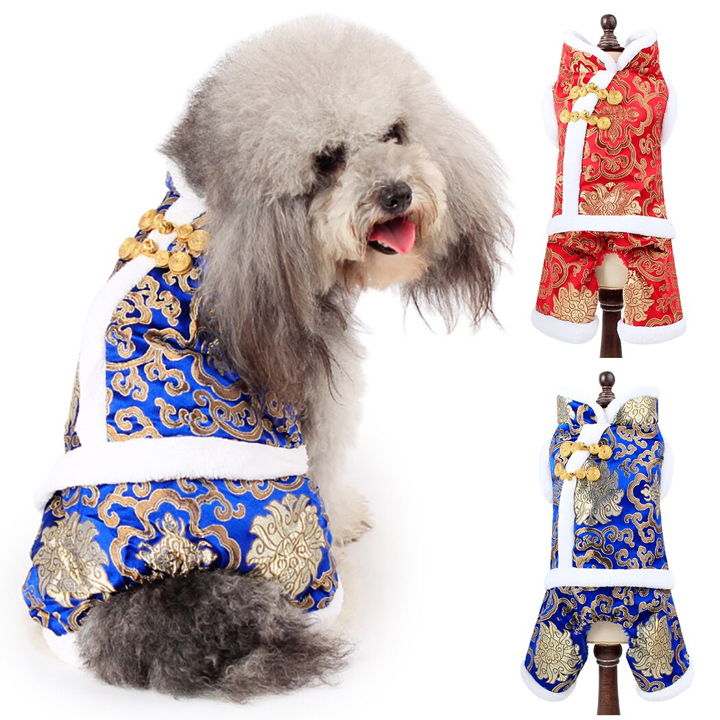 Thicken Shu Cotton Velvet Xiangyun Rich Flower Four-Legged Pet Tang Suit Dog Coat Fashion Thickened Plush Warm Pet Coat Supplies-ebowsos