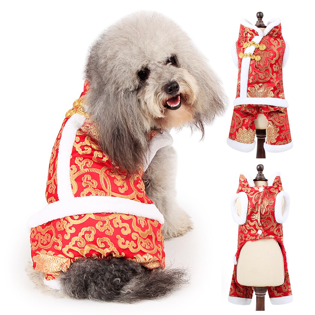 Thicken Shu Cotton Velvet Xiangyun Rich Flower Four-Legged Pet Tang Suit Dog Coat Fashion Thickened Plush Warm Pet Coat Supplies-ebowsos