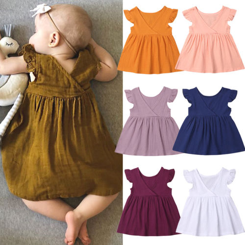 Toddler 1-5Years Toddler Infant Kids Baby Girl Summer V-neck Solid Color Ruffle Party Dress Clothes - ebowsos