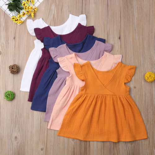 Toddler 1-5Years Toddler Infant Kids Baby Girl Summer V-neck Solid Color Ruffle Party Dress Clothes - ebowsos