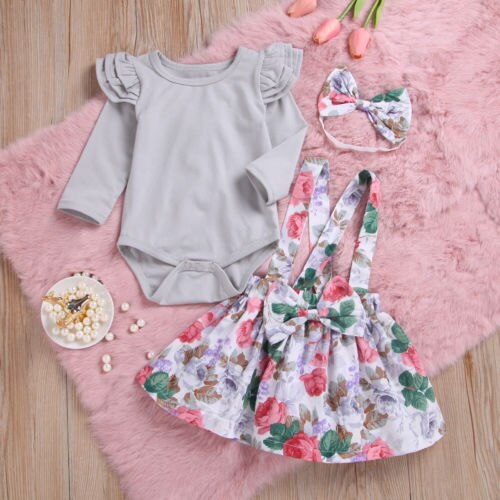 Toddler Baby Girls Ruffled Long Sleeve Romper Floral Suspender Skirt Outfits 2Pcs Set Cotton Clothing - ebowsos