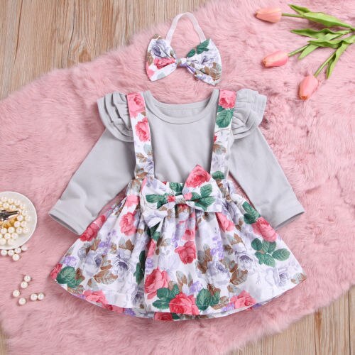 Toddler Baby Girls Ruffled Long Sleeve Romper Floral Suspender Skirt Outfits 2Pcs Set Cotton Clothing - ebowsos