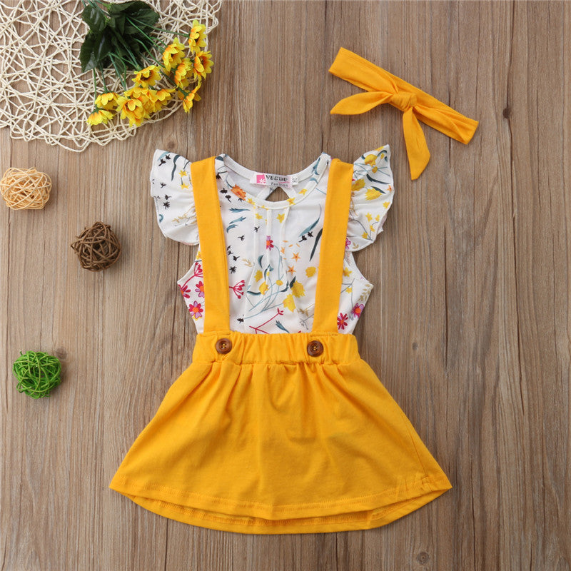 Toddler Girls Baby Clothes Floral Tops+Belt Skirt Dress 3PCS Outfits Set - ebowsos