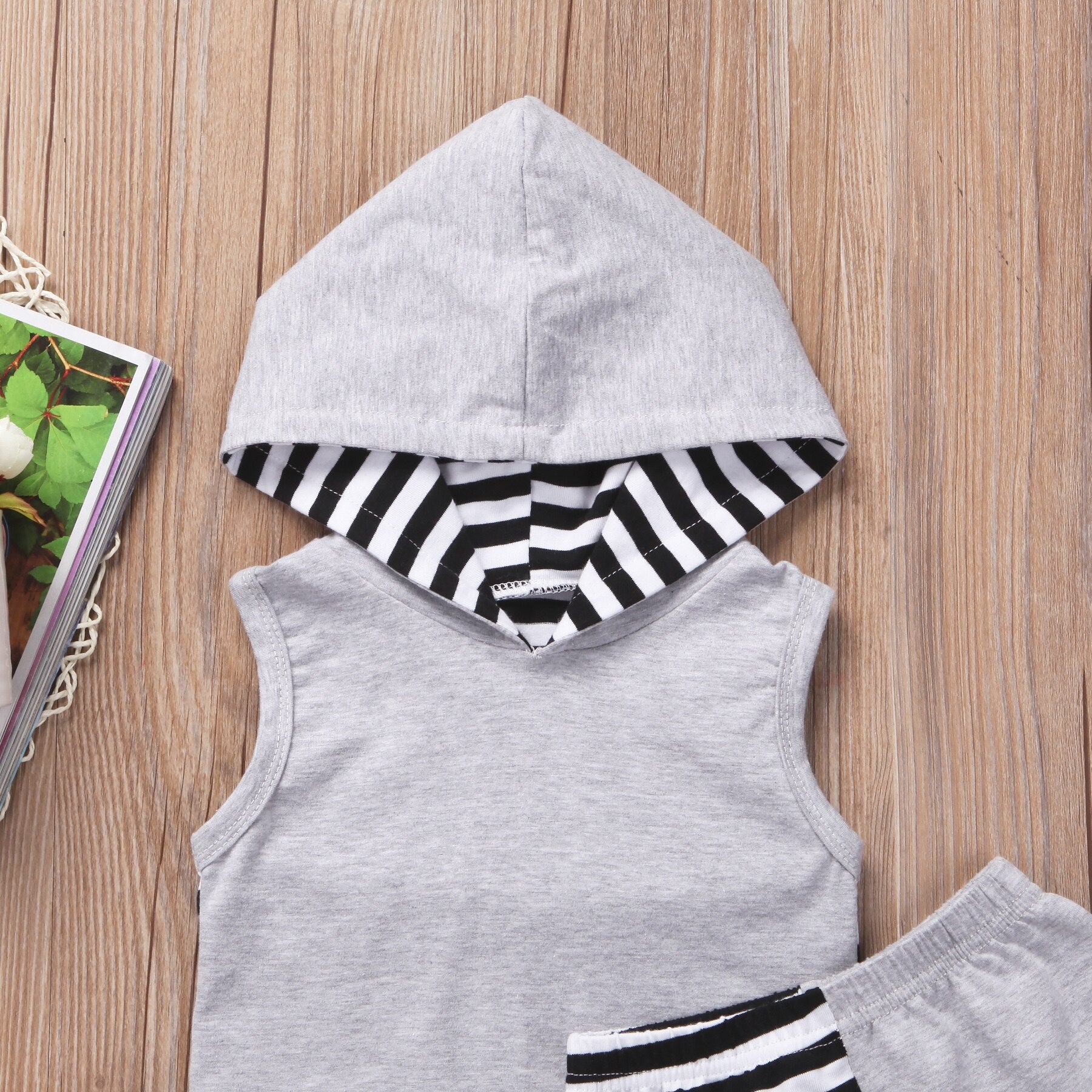 Toddler Infant Baby Boy Clothes Hooded Hoodie Striped Sleeveless Cotton Top Short Pant Outfit Set Summer - ebowsos