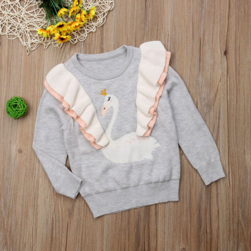 Toddler Kids Baby Girl Long Sleeve Tops Winter Knitted Tops Ruffled Swan Sweater Knitwear Clothes - ebowsos