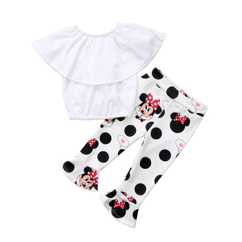 Toddler Kids Girls Off Shoulder Tops Cute Mini Mouse Bell-Bottom Flare Pants Outfit 2Pcs Set - ebowsos