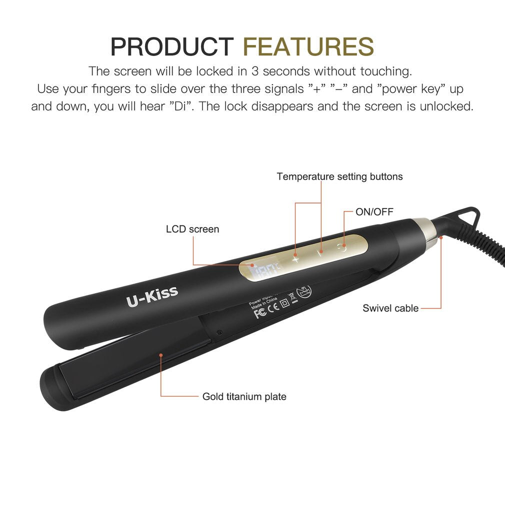 U-Kiss Ultra Thin Digital LCD Display Screen Titanium Plate Swivel Cable Traightening Curling Touch Screen Hair Straightener - ebowsos