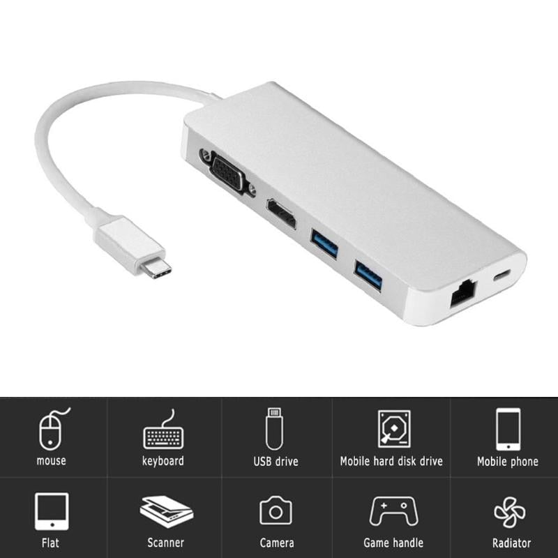 USB 3.0 Hubs 6 in 1 Type C Hub Type-C to HDMI VGA RJ45 Dual USB3.0 PD Charging Port Adapter Cable Converter for Laptop Macbook - ebowsos
