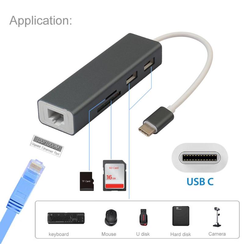 USB 3.1 Type-C to 2-Port USB3.0 Hub + Memory Card Reader (for TF SD) with Gigabit Ethernet Network Adapter for New MacBook - ebowsos