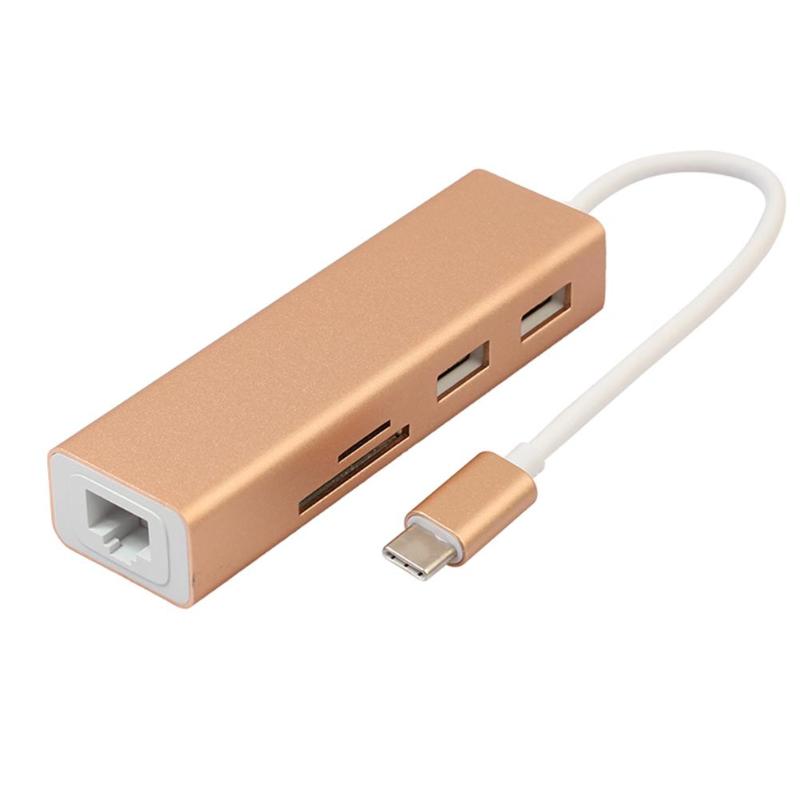 USB 3.1 Type-C to 2-Port USB3.0 Hub + Memory Card Reader (for TF SD) with Gigabit Ethernet Network Adapter for New MacBook - ebowsos