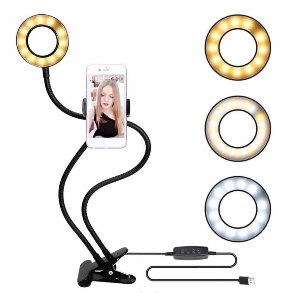 USB Charging Power LED Selfie Ring Filling Light With Mobile Phone Clip Holder Lazy Bracket Desktop Clamp Eye Care Lamp 2018 New - ebowsos