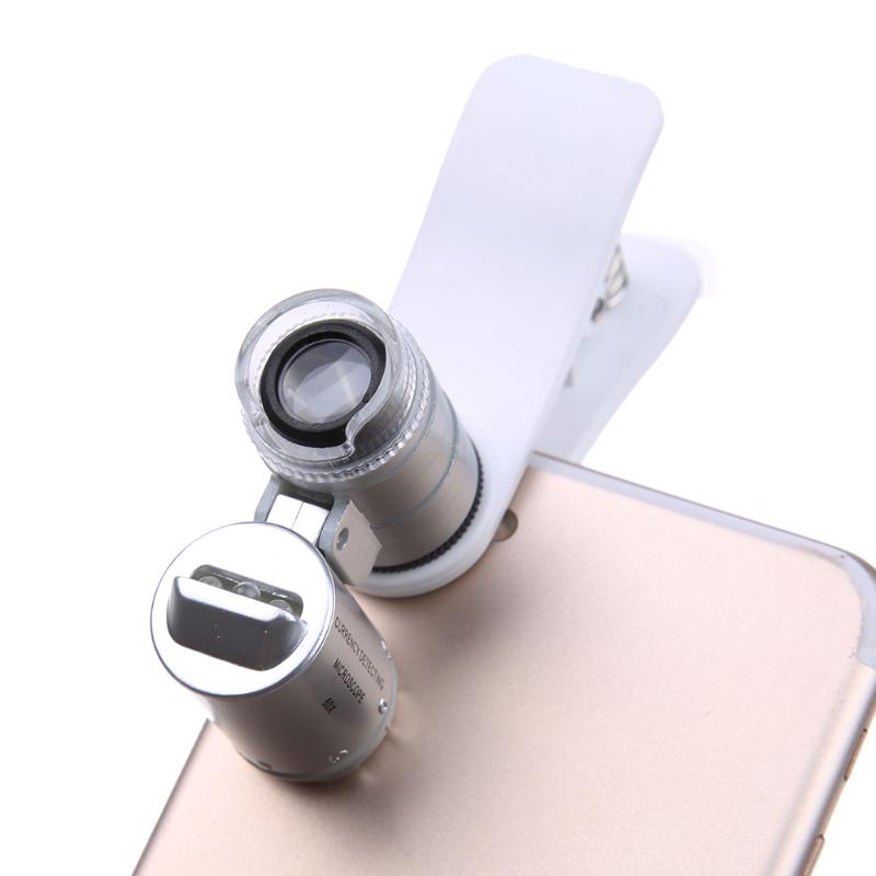 Universal 60X Zoom 2 LED 1UV Light Microscope Lenses Telescope Mobile Phone Micro Lens lente Clip For iPhone Samsung Smartphones - ebowsos