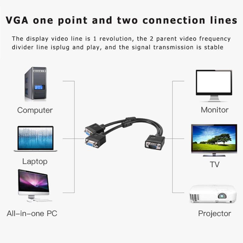 VGA Male to 2 Female Y Splitter Cable SVGA Monitor Adapter Extension Converter Video Cable Cord Wire High Quality Splitter Cable - ebowsos
