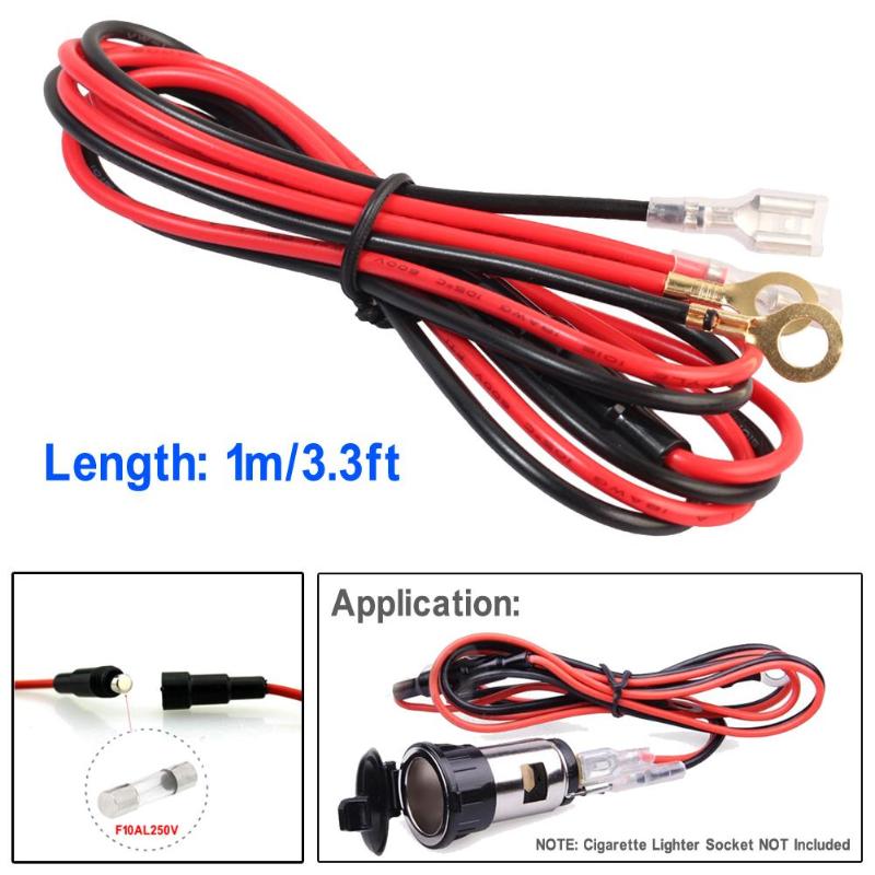 1m/3.3ft Car Cigarette Lighter Installation Cable Car Charger USB Cable Power Cord 18AWG 10A Copper Wire with Fuse - ebowsos
