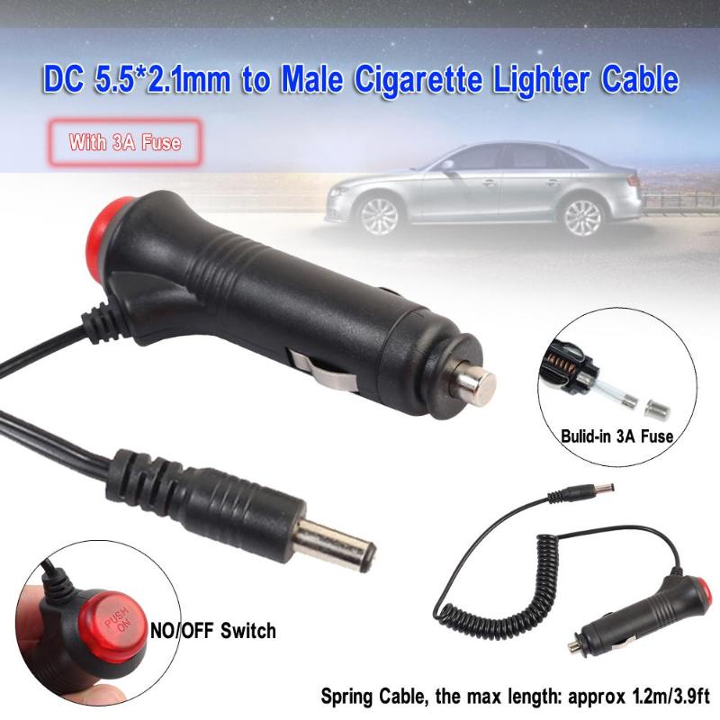 5.5x2.1mm to Car Cigarette Lighter Power Supply Adapter Spring Flexible Cable Wire with Switch Fuse Car Cable Adapter - ebowsos
