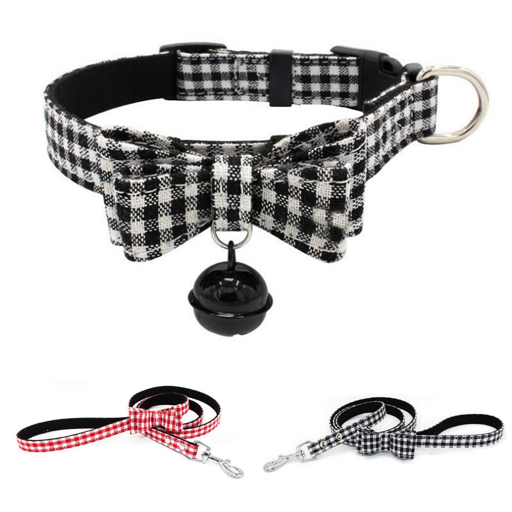 Valentine'S Day Pet Collar Cute Bowknot Decor Fashion Plaid Dog Collar Cat Collar With Pet Leash 2019 New Arrive-ebowsos