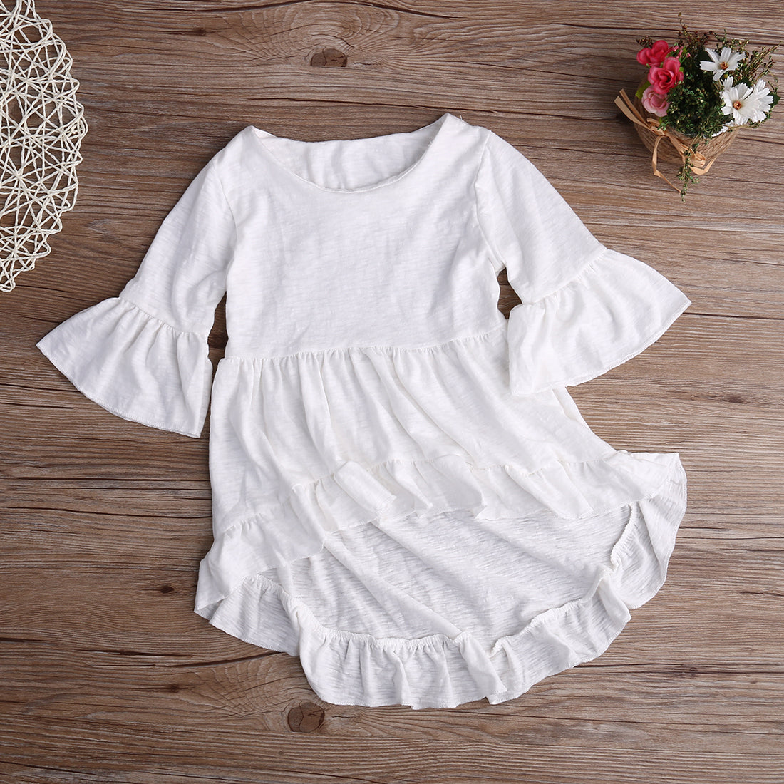 White Baby Girls Dress Frills Flare Sleeve Top T-Shirt Party Ruffles Hem Dresses 1-6Y - ebowsos