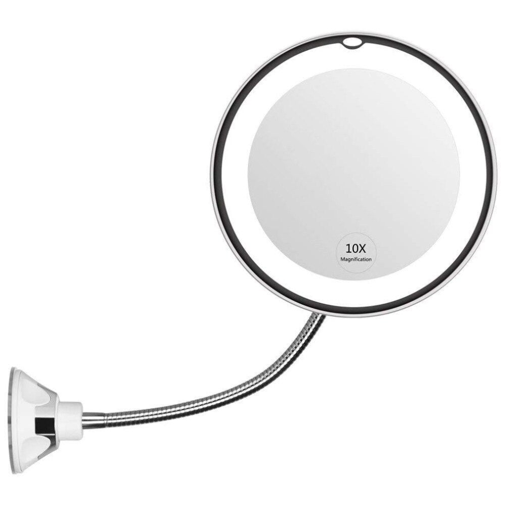 White Round Flexible Illuminated Mirror 10 Times Magnification With Bendable Neck Lightweight Portable - ebowsos