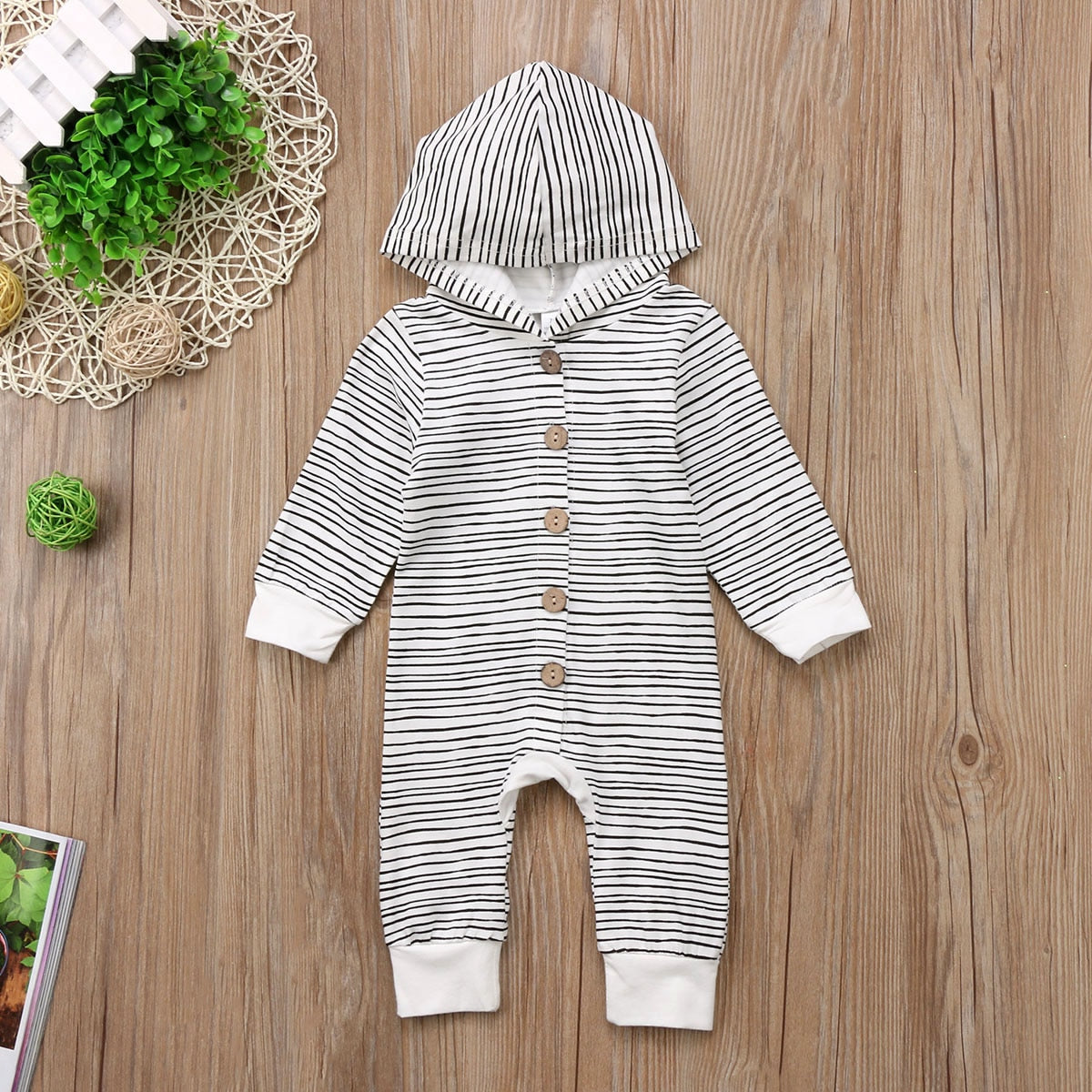 Winter Striped Baby Boy Girl Warm Infant Romper Jumpsuit Long Sleeve Hooded Clothes Sweater Outfit - ebowsos