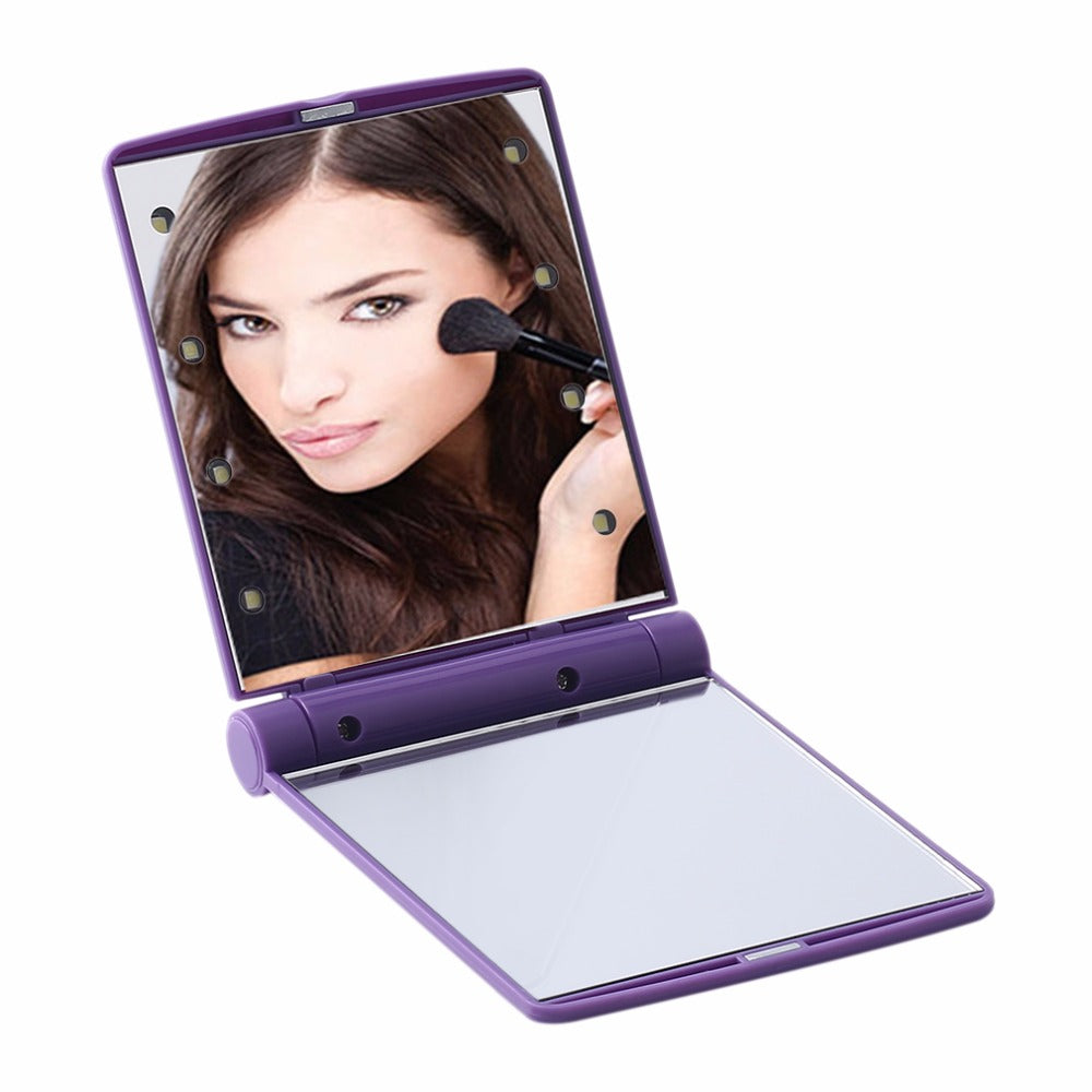 Woman Portable Compact LED Makeup Mirror Cosmetic Mirrors Foldable Hand Pocket Mirror With 8 LED Lights Lamps Purple Makeup Tool - ebowsos