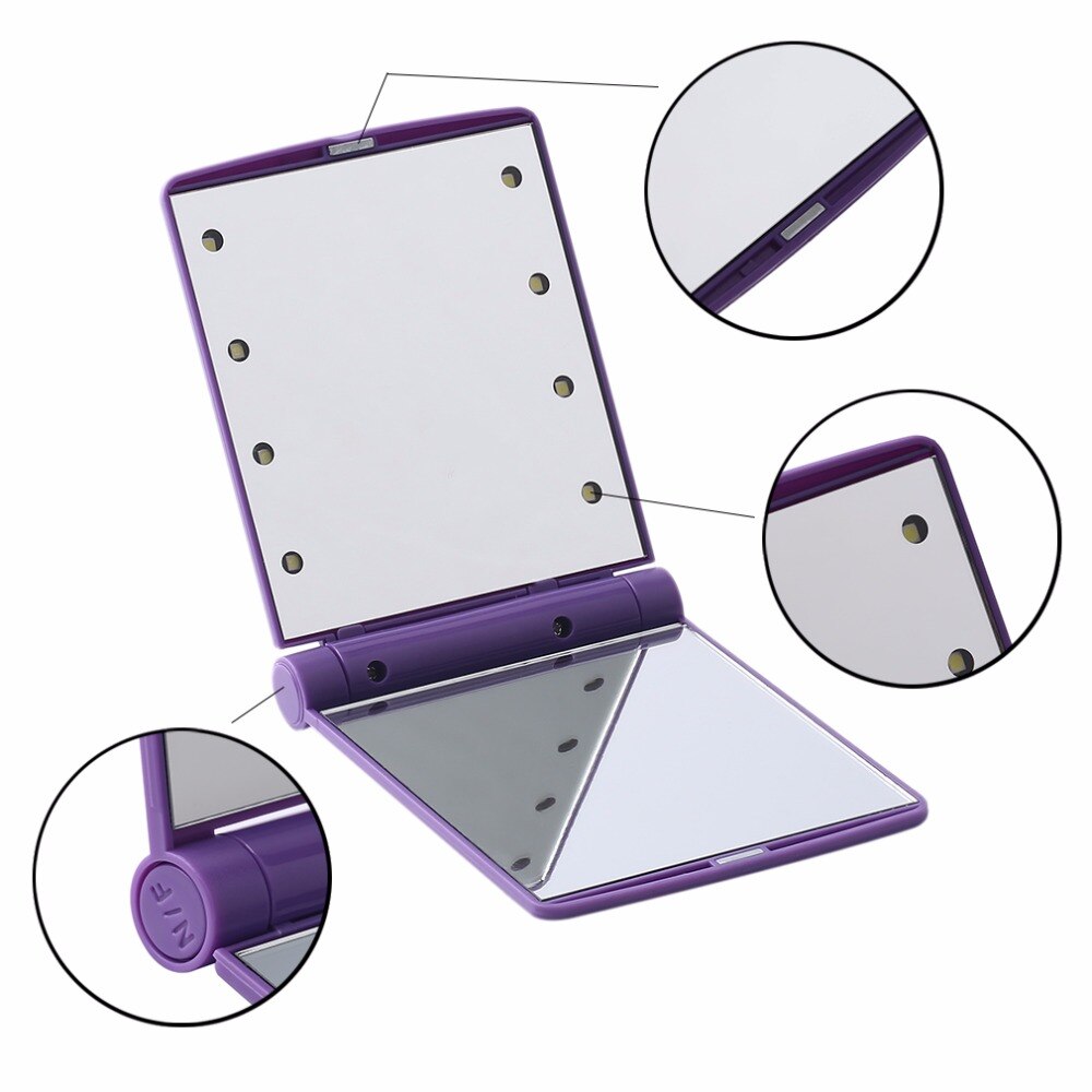 Woman Portable Compact LED Makeup Mirror Cosmetic Mirrors Foldable Hand Pocket Mirror With 8 LED Lights Lamps Purple Makeup Tool - ebowsos