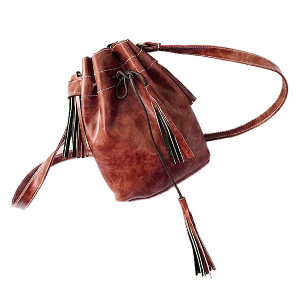 Women brown bag Tassel fashion bucket bag pu leather patchwork women shoulder bag messenger bag women handbag - ebowsos